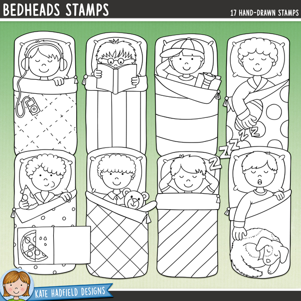 Bedheads Stamps - a fun collection of boy's sleepover and slumber party digital stamps! (Line art versions also included). Hand-drawn illustrations for digital scrapbooking, crafting, card making and teaching resources from Kate Hadfield Designs. Bedheads Stamps - a fun collection of boy's sleepover and slumber party digital stamps! (Line art versions also included). Hand-drawn illustrations for digital scrapbooking, crafting, card making and teaching resources from Kate Hadfield Designs.