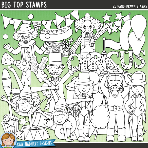 Big Top Stamps - a fun collection of circus digital stamps! (Line art versions also included). Hand-drawn illustrations for digital scrapbooking, crafting and teaching resources from Kate Hadfield Designs.