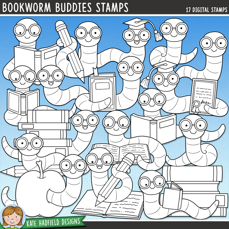 Bookworm Buddies Stamps - a fun collection of reading and writing themed bookworm digital stamps! (Line art versions also included). Hand-drawn illustrations for digital scrapbooking, crafting, card making and teaching resources from Kate Hadfield Designs.