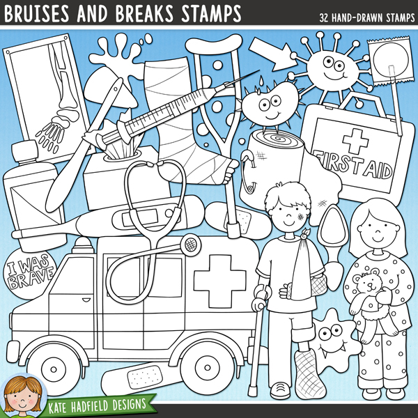 Bruises and Breaks Stamps - a cute collection of accident and illness digital stamps! (Line art versions also included). Hand-drawn illustrations for digital scrapbooking, crafting, card making and teaching resources from Kate Hadfield Designs.