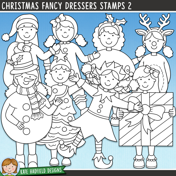 Christmas Fancy Dressers 2 Stamps - a fun and collection of kids in costume digital stamps! (Line art versions also included). Hand-drawn illustrations for digital scrapbooking, crafting, card making and teaching resources from Kate Hadfield Designs.