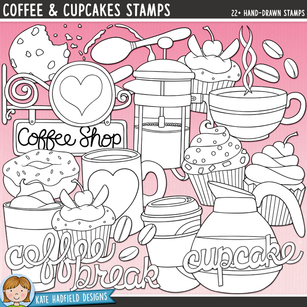 Coffee and Cupcakes Stamps - a yummy collection of coffee shop digital stamps! (Line art versions also included). Hand-drawn illustrations for digital scrapbooking, crafting and teaching resources from Kate Hadfield Designs.