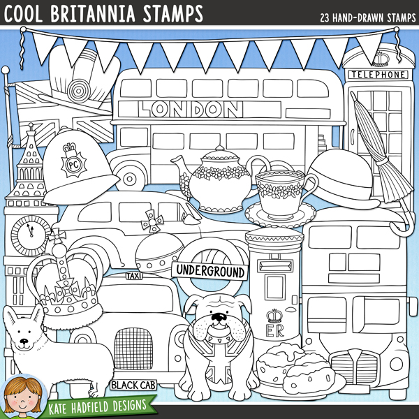 Cool Britannia Stamps - a cute collection of London and England digital stamps! (Line art versions also included). Hand-drawn illustrations for digital scrapbooking, crafting and teaching resources from Kate Hadfield Designs.