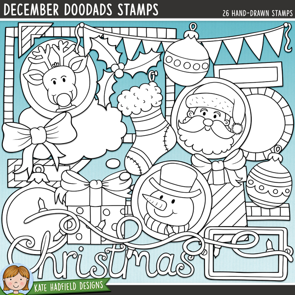 December Doodads Stamps - a fun collection of decorative Christmas digital stamps! (Line art versions also included). Hand-drawn illustrations for digital scrapbooking, crafting and teaching resources from Kate Hadfield Designs.