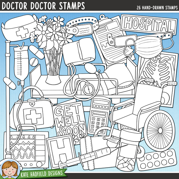Outline versions of my Doctor Doctor clip art pack, this stamp set contains the same illustrations in three different png formats: black outline, black outline filled with white (as shown in the preview) and a bolder outline version designed for working on a smaller scale. Digital stamps are perfect for creating colouring sheets, cards and other hybrid projects as well as stamping on your digital scrapbook pages!  The second pack in my medical series, Doctor Doctor is packed with hospital related illustrations and word strips! This pack contains the following hand-drawn digital stamps: blood pressure cuff, medical chart, doctor's bag, IV drip, face-mask, get well soon card, hospital bed, 2 hospital signs, 2 monitors, nurse's hat, pill bottle, pills, blister of pills, stethoscope, suitcase, syringe, vase of flowers, wheelchair, 2 wrist bands and x-ray.Supplied in a zip file containing 87 black and white png files (29 illustrations each supplied in three different formats). Average size of individual illustration: approx 3 to 6 inches. All images are 300 dpi for best quality printing of all your pages and projects!Also available in a coloured clip art version and an extra value bundle containing both the coloured and outline versions.FOR PERSONAL & EDUCATIONAL COMMERCIAL USE (please see my Terms of Use for more information).