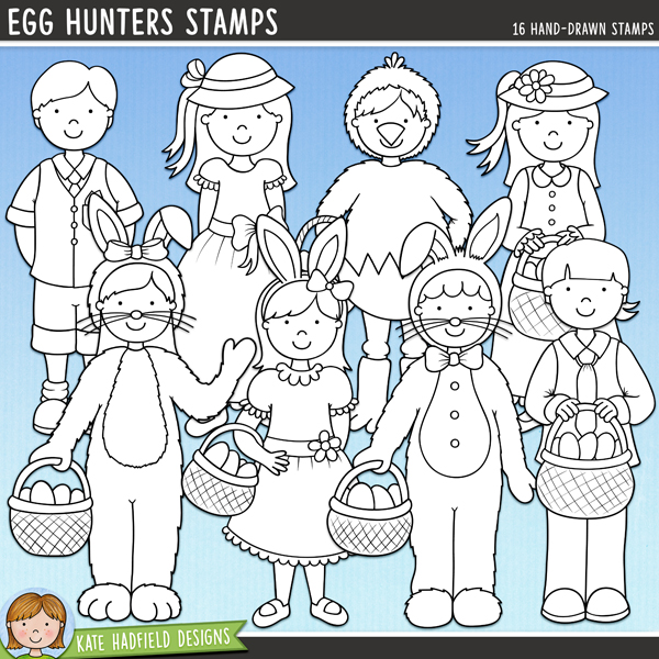 Egg Hunters - fun Easter kids digital stamps! A set of 8 kiddos all dressed up in their Easter finery, ready to on an egg hunt! Hand-drawn illustrations for digital scrapbooking, crafting and teaching resources from Kate Hadfield Designs. 