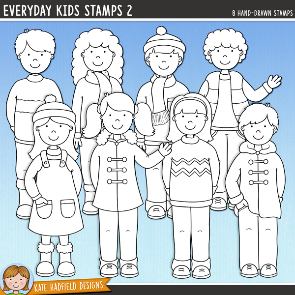 Everyday Kids 2 Stamps - a cute collection of autumn kids digital stamps! (Line art versions also included). Hand-drawn illustrations for digital scrapbooking, crafting and teaching resources from Kate Hadfield Designs.