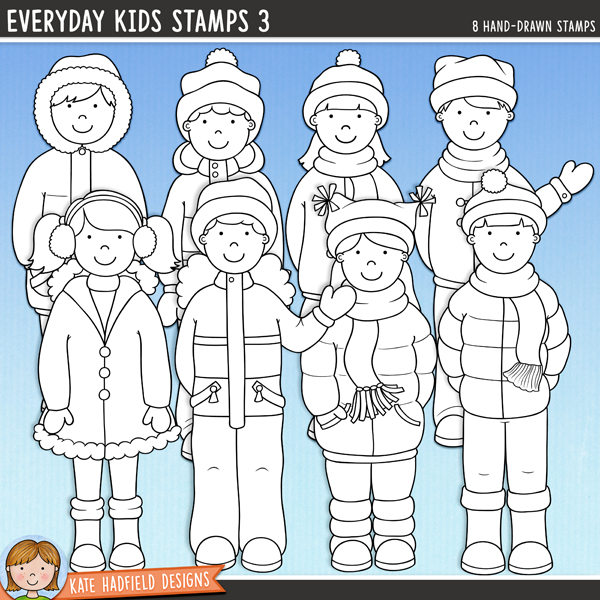 Everyday Kids 3 Stamps - a cute collection of winter kids digital stamps! (Line art versions also included). Hand-drawn illustrations for digital scrapbooking, crafting and teaching resources from Kate Hadfield Designs.