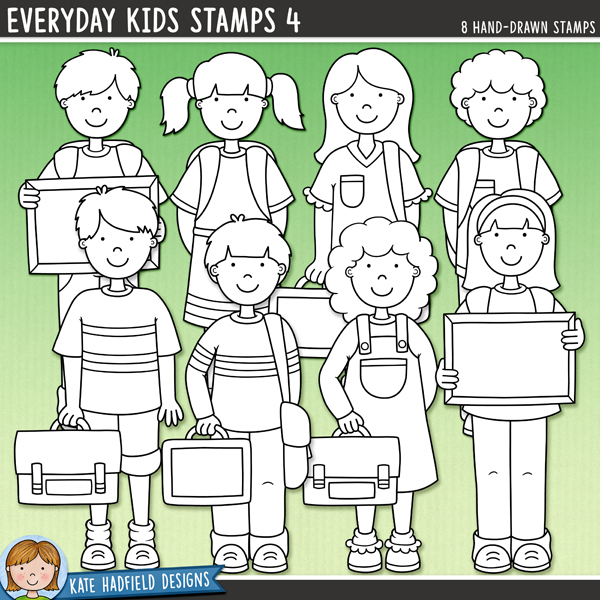 Everyday Kids 4 Stamps - a cute collection of school kids digital stamps! (Line art versions also included). Hand-drawn illustrations for digital scrapbooking, crafting and teaching resources from Kate Hadfield Designs.