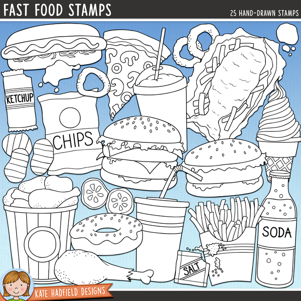 Fast Food Stamps - a fun collection of junk food digital stamps! (Line art versions also included). Hand-drawn illustrations for digital scrapbooking, crafting and teaching resources from Kate Hadfield Designs. Fast Food Stamps - a fun collection of junk food digital stamps! (Line art versions also included). Hand-drawn illustrations for digital scrapbooking, crafting and teaching resources from Kate Hadfield Designs.