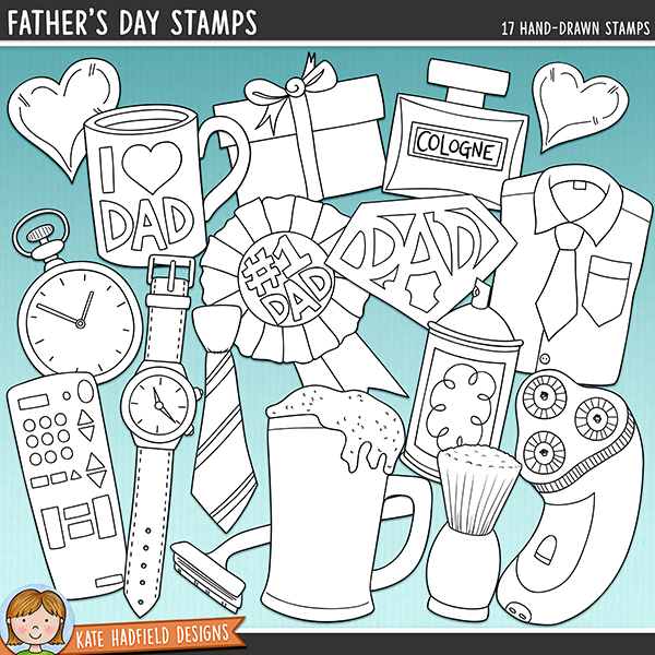 Father's Day Stamps - a fun collection of Father's Day digital stamps! (Line art versions also included). Hand-drawn illustrations for digital scrapbooking, crafting and teaching resources from Kate Hadfield Designs.