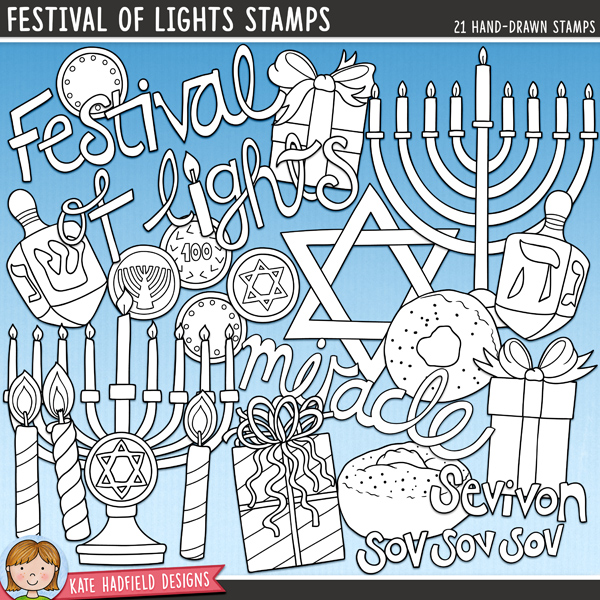 	Outline versions of my Festival of Lights doodles, this stamp pack contains the same doodles in three different formats: black outline png, black outline filled with white png (as shown in the preview) and a new bolder outline version for working on a smaller scale. Digital stamps are perfect for creating colouring sheets, cards and other hybrid projects as well as for stamping on your digital scrapbooking pages!A special request from one of my Creative Team members, Festival of Lights is a colourful set of hand drawn Hanukkah related doodles! Contains the following hand drawn clip art illustrations: 3 coloured candles, 2 dreidels (+ 2 blank versions), Festival of Lights word art, 4 gelt coins, 3 gifts, 2 menorahs, Miracle word art, Sevivon, sov, sov, sov wordart, Star of David, two sufganiyots and the following wordstrips: Chanuka, Chanukah, chanukiah, dreidel, Hanukkah, latkes, menorah, miracle, sevivon, sov and sufganiyot.FOR PERSONAL & EDUCATIONAL USE (please see my&nbsp;Terms of Use&nbsp;for more information)