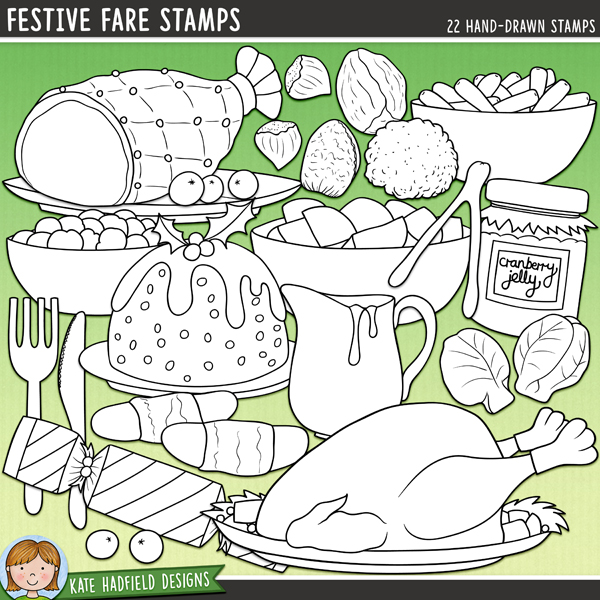 Festive Fare Stamps - a fun collection of Christmas food digital stamps! (Line art versions also included). Hand-drawn illustrations for digital scrapbooking, crafting and teaching resources from Kate Hadfield Designs.