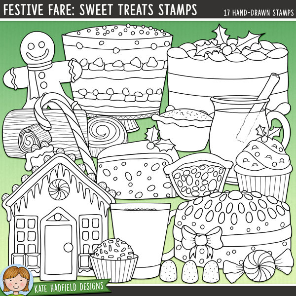 Festive Fare: Sweet Treats Stamps - a fun collection of Christmas food digital stamps! (Line art versions also included). Hand-drawn illustrations for digital scrapbooking, crafting and teaching resources from Kate Hadfield Designs.