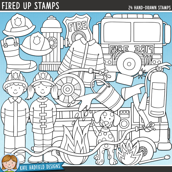 Fired Up Stamps - a fun and collection of firefighter digital stamps! (Line art versions also included). Hand-drawn illustrations for digital scrapbooking, crafting, card making and teaching resources from Kate Hadfield Designs. Fired Up Stamps - a fun and collection of firefighter digital stamps! (Line art versions also included). Hand-drawn illustrations for digital scrapbooking, crafting, card making and teaching resources from Kate Hadfield Designs.