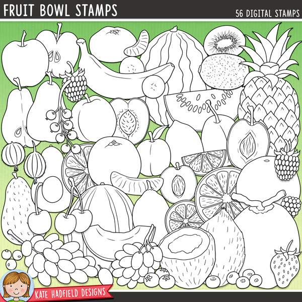Fruit Bowl Stamps - a cute and colourful collection of fruit digital stamps! (Line art versions also included). Hand-drawn illustrations for digital scrapbooking, crafting, card making and teaching resources from Kate Hadfield Designs. Fruit Bowl Stamps - a cute and colourful collection of fruit digital stamps! (Line art versions also included). Hand-drawn illustrations for digital scrapbooking, crafting, card making and teaching resources from Kate Hadfield Designs.