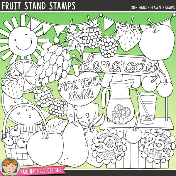 Fruit Stand Stamps - a fun collection of lemonade stand digital stamps! (Line art versions also included). Hand-drawn illustrations for digital scrapbooking, crafting and teaching resources from Kate Hadfield Designs. Fruit Stand Stamps - a fun collection of lemonade stand digital stamps! (Line art versions also included). Hand-drawn illustrations for digital scrapbooking, crafting and teaching resources from Kate Hadfield Designs.