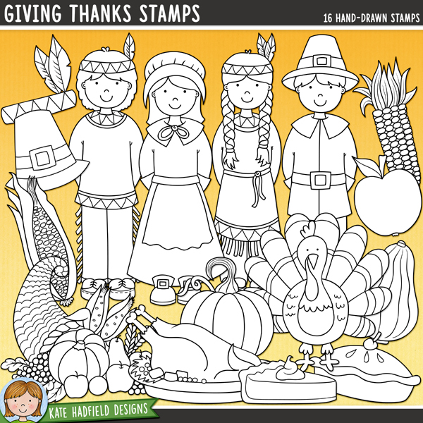 Outline versions of my Giving Thanks clip art pack, this stamp set contains the same illustrations in three different png formats: black outline, black outline filled with white (as shown in the preview) and a bolder outline version designed for working on a smaller scale. Digital stamps are perfect for creating colouring sheets, cards and other hybrid projects as well as stamping on your digital scrapbook pages!Giving Thanks is a celebration of that all-American tradition: Thanksgiving! This pack contains the following hand-drawn digital stamps: apple, apple pie, colourful corn, cornucopia, gourd, native American headdress, native American boy and girl, pilgrim boy and girl, slick of pumpkin pie, pilgrim hat, pumpkin, roast turkey platter, sweetcorn and turkey.Supplied in a zip file containing 48 black and white png files (16 illustrations each supplied in three different formats). Average size of individual illustration: approx 3 to 8 inches. All images are 300 dpi for best quality printing of all your pages and projects!Also available in a coloured clip art version and an extra value bundle containing both the coloured and outline versions.FOR PERSONAL & EDUCATIONAL COMMERCIAL USE (please see my Terms of Use for more information).