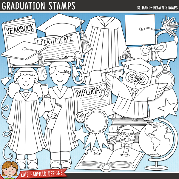 Graduation Stamps - a fun and collection of school / college graduation digital stamps! (Line art versions also included). Hand-drawn illustrations for digital scrapbooking, crafting, card making and teaching resources from Kate Hadfield Designs. Graduation Stamps - a fun and collection of school / college graduation digital stamps! (Line art versions also included). Hand-drawn illustrations for digital scrapbooking, crafting, card making and teaching resources from Kate Hadfield Designs.