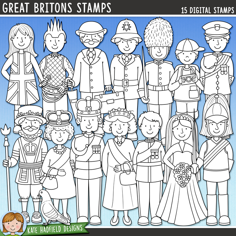 Great Britons Stamps - a cute collection of British digital stamps! (Line art versions also included). Hand-drawn illustrations for digital scrapbooking, crafting and teaching resources from Kate Hadfield Designs.