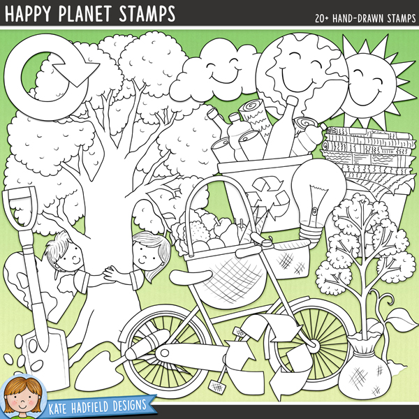 Happy Planet Stamps - a  collection of Earth Day / recycling digital stamps! (Line art versions also included). Hand-drawn illustrations for digital scrapbooking, crafting and teaching resources from Kate Hadfield Designs.