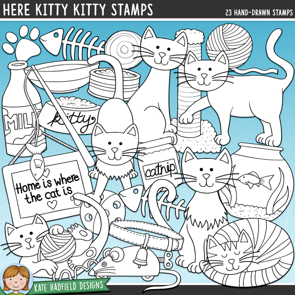 Here Kitty Kitty Stamps - a cute collection of cat and kitten digital stamps! (Line art versions also included). Hand-drawn illustrations for digital scrapbooking, crafting and teaching resources from Kate Hadfield Designs. Here Kitty Kitty Stamps - a cute collection of cat and kitten digital stamps! (Line art versions also included). Hand-drawn illustrations for digital scrapbooking, crafting and teaching resources from Kate Hadfield Designs.