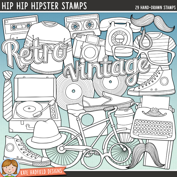 Hip Hip Hipster Stamps - a cute collection of vintage style digital stamps! (Line art versions also included). Hand-drawn illustrations for digital scrapbooking, crafting and teaching resources from Kate Hadfield Designs. Hip Hip Hipster Stamps - a cute collection of vintage style digital stamps! (Line art versions also included). Hand-drawn illustrations for digital scrapbooking, crafting and teaching resources from Kate Hadfield Designs.