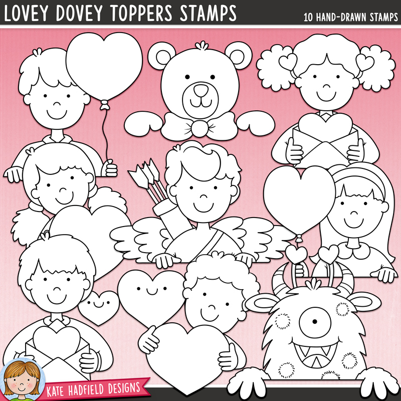 Lovey Dovey Toppers Stamps - a fun collection of Valentines page toppers digital stamps! (Line art versions also included). Hand-drawn illustrations for digital scrapbooking, crafting and teaching resources from Kate Hadfield Designs.