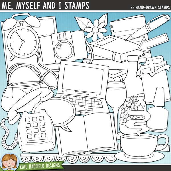 Me, Myself and I Stamps - a fun and feminine collection of "me time" self care digital stamps! (Line art versions also included). Hand-drawn illustrations for digital scrapbooking, crafting and teaching resources from Kate Hadfield Designs.