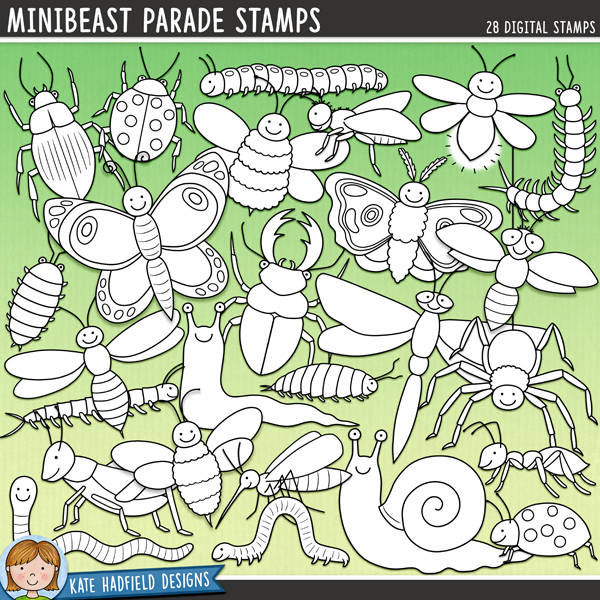 Minibeast Parade Stamps - a cute collection of insect and creepy-crawly digital stamps! (Line art versions also included). Hand-drawn illustrations for digital scrapbooking, crafting and teaching resources from Kate Hadfield Designs.