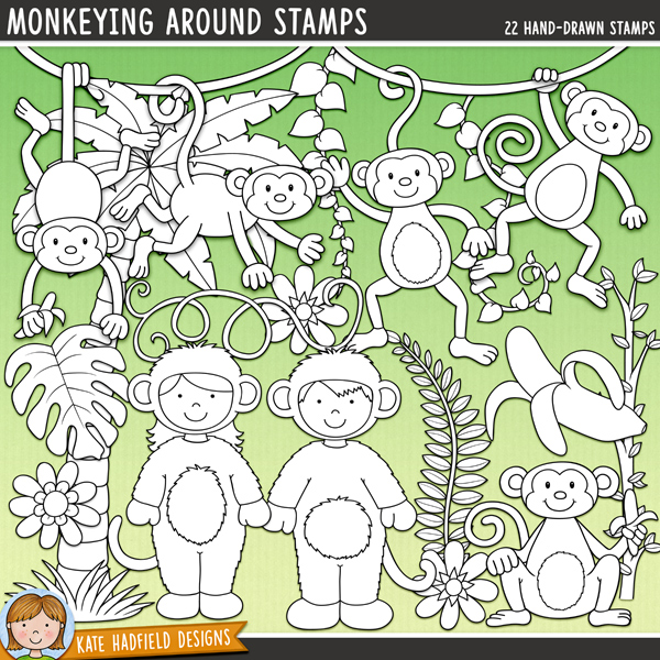 Monkeying Around Stamps - a cute collection of monkey digital stamps! (Line art versions also included). Hand-drawn illustrations for digital scrapbooking, crafting and teaching resources from Kate Hadfield Designs. Monkeying Around Stamps - a cute collection of monkey digital stamps! (Line art versions also included). Hand-drawn illustrations for digital scrapbooking, crafting and teaching resources from Kate Hadfield Designs.