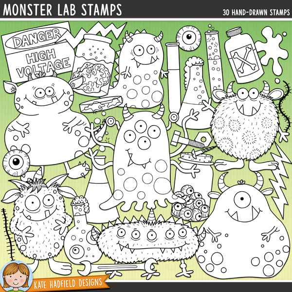 Monster Lab Stamps - a fun collection of monster digital stamps! (Line art versions also included). Hand-drawn illustrations for digital scrapbooking, crafting and teaching resources from Kate Hadfield Designs. Monster Lab Stamps - a fun collection of monster digital stamps! (Line art versions also included). Hand-drawn illustrations for digital scrapbooking, crafting and teaching resources from Kate Hadfield Designs.