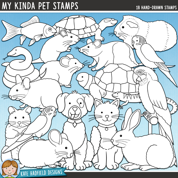 My Kinda Pet Stamps - a cute collection of pet digital stamps! (Line art versions also included). Hand-drawn illustrations for digital scrapbooking, crafting and teaching resources from Kate Hadfield Designs.