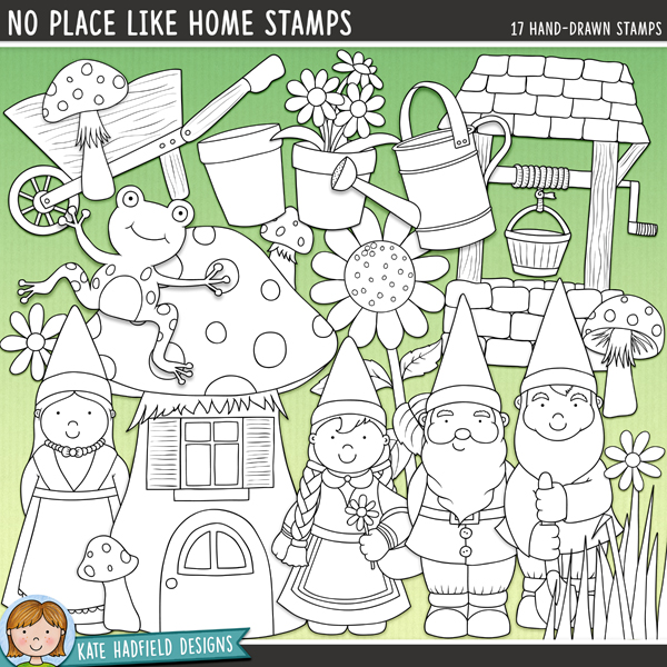 No Place Like Gnome Stamps - a cute collection of garden gnome digital stamps! (Line art versions also included). Hand-drawn illustrations for digital scrapbooking, crafting and teaching resources from Kate Hadfield Designs.