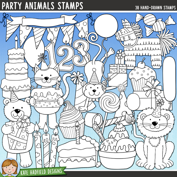 Party Animals Stamps - a fun collection of birthday party digital stamps! (Line art versions also included). Hand-drawn illustrations for digital scrapbooking, crafting and teaching resources from Kate Hadfield Designs.
