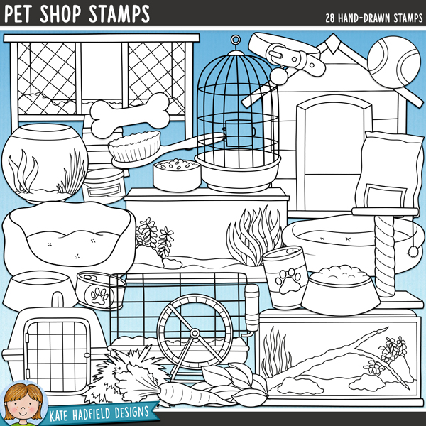 Pet Shop - animal accessories digital stamps! Hand-drawn doodles and illustrations for digital scrapbooking, crafting and teaching resources from Kate Hadfield Designs.