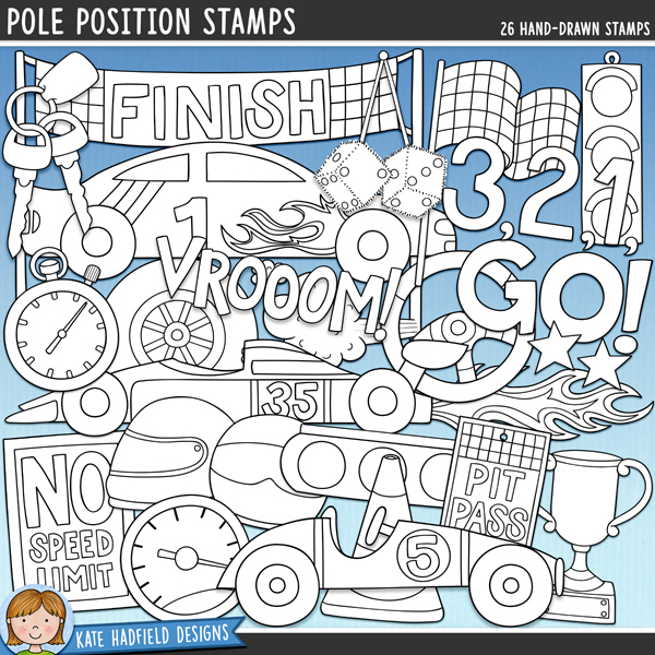 Outline versions of my Pole Position clip art pack, this stamp set contains the same illustrations in three different png formats: black outline, black outline filled with white (as shown in the preview) and a bolder outline version designed for working on a smaller scale. Digital stamps are perfect for creating colouring sheets, cards and other hybrid projects as well as stamping on your digital scrapbook pages!Do you have a racing car fanatic in your family? Celebrate their love of motors, racing and their need for speed with this jam-packed set of motor sport illustrations! This pack contains the following hand-drawn digital stamps: 3 cars, traffic cone, finish sign, 2 chequered flags, flames, furry dice, 2 helmets, car keys, 2 traffic lights, pit pass, no speed limit sign, speedometer, stars, steering wheel, stopwatch, trophy, wheel, whoosh and the following wordart pieces: 3,2,1,GO! and Vrooom. Text-free versions of the finish sign, pit pass and speed limit sign are also included. Supplied in a zip file containing 90 black and white png files (30 illustrations each supplied in three different formats). Average size of individual illustration: approx 3 to 7 inches. All images are 300 dpi for best quality printing of all your pages and projects!Also available in a coloured clip art version and an extra value bundle containing both the coloured and outline versions.FOR PERSONAL & EDUCATIONAL COMMERCIAL USE (please see my Terms of Use for more information).