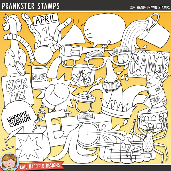 Prankster Stamps - a fun collection of April Fools and prank themed digital stamps! (Line art versions also included). Hand-drawn illustrations for digital scrapbooking, crafting, card making and teaching resources from Kate Hadfield Designs. Prankster Stamps - a fun collection of April Fools and prank themed digital stamps! (Line art versions also included). Hand-drawn illustrations for digital scrapbooking, crafting, card making and teaching resources from Kate Hadfield Designs.