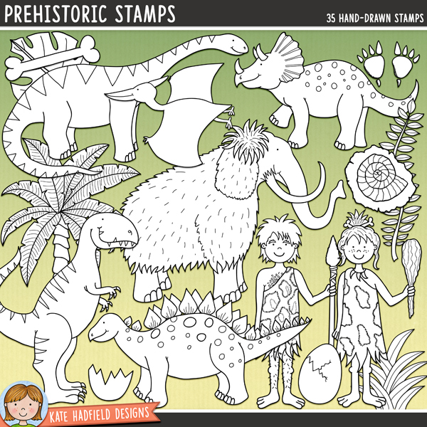 Prehistoric Stamps - a fun collection of dinosaur digital stamps! (Line art versions also included). Hand-drawn illustrations for digital scrapbooking, crafting and teaching resources from Kate Hadfield Designs.