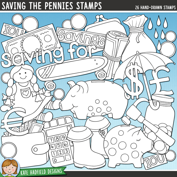 Saving the Pennies Stamps - a cute collection of pocket money digital stamps! (Line art versions also included). Hand-drawn illustrations for digital scrapbooking, crafting and teaching resources from Kate Hadfield Designs. Saving the Pennies Stamps - a cute collection of pocket money digital stamps! (Line art versions also included). Hand-drawn illustrations for digital scrapbooking, crafting and teaching resources from Kate Hadfield Designs.