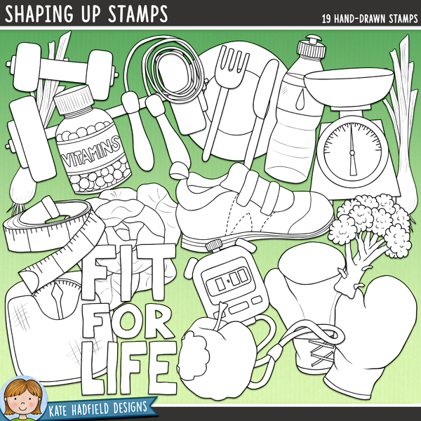 Shaping Up Stamps - a cute collection of keep fit digital stamps! (Line art versions also included). Hand-drawn illustrations for digital scrapbooking, crafting and teaching resources from Kate Hadfield Designs.
