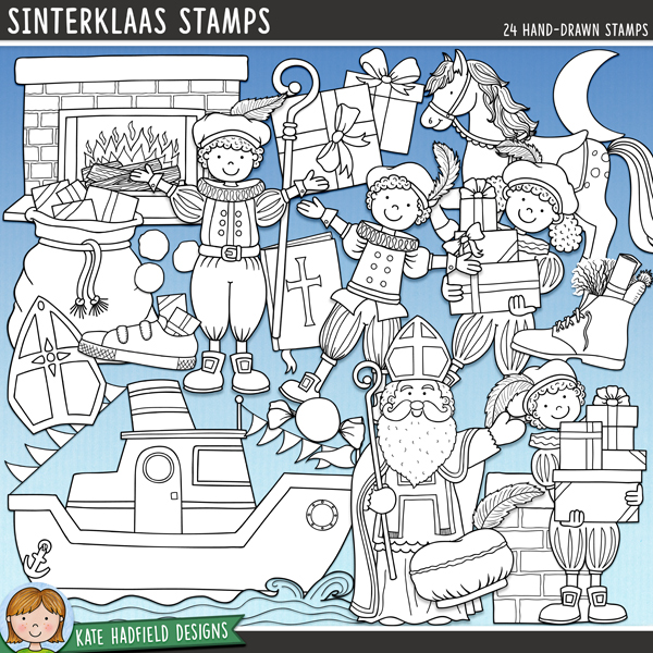 Outline versions of my Sinterklaas clip art pack, this stamp set contains the same illustrations in three different png formats: black outline, black outline filled with white (as shown in the preview) and a bolder outline version designed for working on a smaller scale. Digital stamps are perfect for creating colouring sheets, cards and other hybrid projects as well as stamping on your digital scrapbook pages!A colourful collection of illustrations inspired by the traditions of Sinterklaas and St. Nicholas' Eve! This pack contains the following hand-drawn digital stamps: boat, book, boot (with straw and carrot), chimney, clog (with straw and carrot), 2 gifts / presents, 3 gold coins, horse, mitre, moon, pepernoten biscuits, 4 Pieten characters, Piet hat, sack of gifts, shoe filled with gifts, Sinterklaas, staff and two sweets.Supplied in a zip file containing 72 black and white png files (24 illustrations each supplied in three different formats). Average size of individual illustration: approx 3 to 7 inches. All images are 300 dpi for best quality printing of all your pages and projects!Also available in a coloured clip art version and an extra value bundle containing both the coloured and outline versions.FOR PERSONAL & EDUCATIONAL COMMERCIAL USE (please see my Terms of Use for more information). Outline versions of my Sinterklaas clip art pack, this stamp set contains the same illustrations in three different png formats: black outline, black outline filled with white (as shown in the preview) and a bolder outline version designed for working on a smaller scale. Digital stamps are perfect for creating colouring sheets, cards and other hybrid projects as well as stamping on your digital scrapbook pages!A colourful collection of illustrations inspired by the traditions of Sinterklaas and St. Nicholas' Eve! This pack contains the following hand-drawn digital stamps: boat, book, boot (with straw and carrot), chimney, clog (with straw and carrot), 2 gifts / presents, 3 gold coins, horse, mitre, moon, pepernoten biscuits, 4 Pieten characters, Piet hat, sack of gifts, shoe filled with gifts, Sinterklaas, staff and two sweets.Supplied in a zip file containing 72 black and white png files (24 illustrations each supplied in three different formats). Average size of individual illustration: approx 3 to 7 inches. All images are 300 dpi for best quality printing of all your pages and projects!Also available in a coloured clip art version and an extra value bundle containing both the coloured and outline versions.FOR PERSONAL & EDUCATIONAL COMMERCIAL USE (please see my Terms of Use for more information).