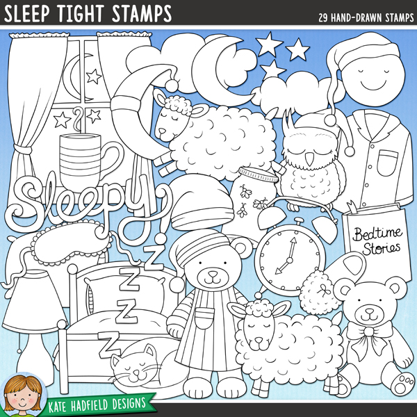 Sleep Tight Stamps - a cute collection of bedtime digital stamps! (Line art versions also included). Hand-drawn illustrations for digital scrapbooking, crafting, card making and teaching resources from Kate Hadfield Designs.