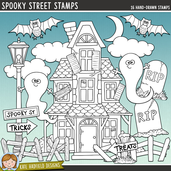 Spooky Street Stamps - a cute collection of Halloween haunted house digital stamps! (Line art versions also included). Hand-drawn illustrations for digital scrapbooking, crafting and teaching resources from Kate Hadfield Designs. Spooky Street Stamps - a cute collection of Halloween haunted house digital stamps! (Line art versions also included). Hand-drawn illustrations for digital scrapbooking, crafting and teaching resources from Kate Hadfield Designs.