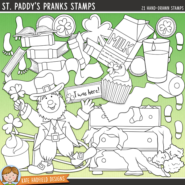 St Paddy's Pranks Stamps - a fun collection of St Patrick's Day digital stamps! (Line art versions also included). Hand-drawn illustrations for digital scrapbooking, crafting, card making and teaching resources from Kate Hadfield Designs.