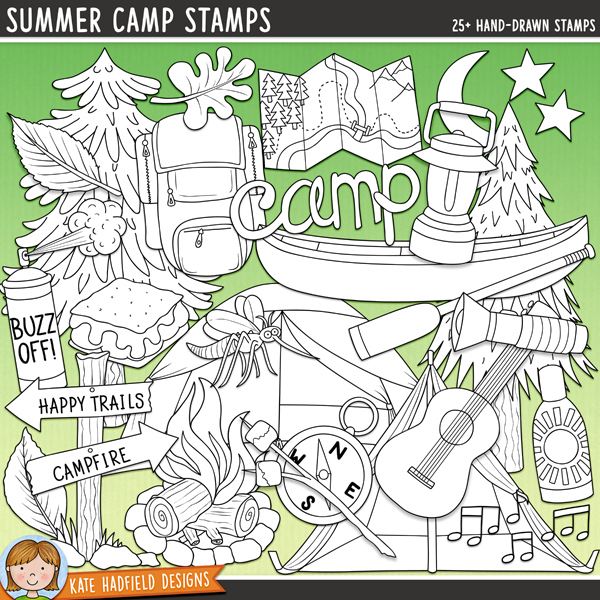 Summer Camp Stamps - a fun collection of summer camping digital stamps! (Line art versions also included). Hand-drawn illustrations for digital scrapbooking, crafting, card making and teaching resources from Kate Hadfield Designs.