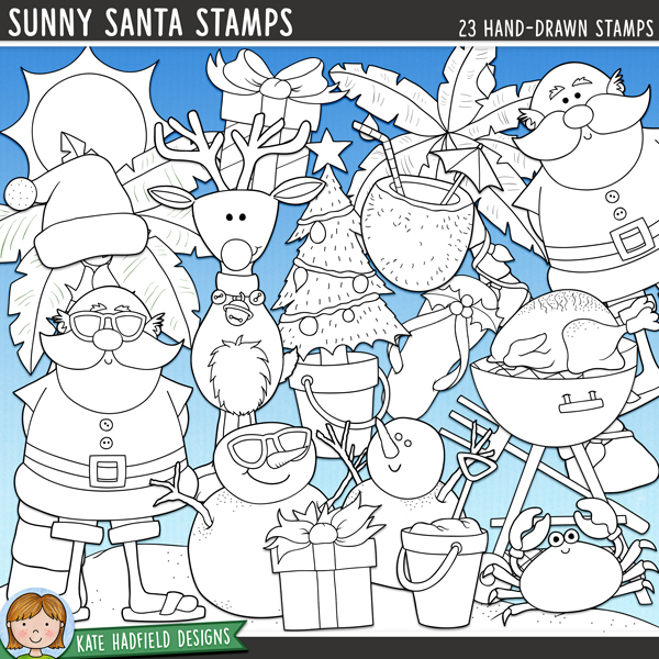 Sunny Santa Stamps - a cute collection of tropical Christmas digital stamps! (Line art versions also included). Hand-drawn illustrations for digital scrapbooking, crafting and teaching resources from Kate Hadfield Designs.