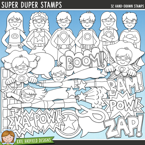 Super Duper Stamps - a  collection of super hero digital stamps! (Line art versions also included). Hand-drawn illustrations for digital scrapbooking, crafting, card making and teaching resources from Kate Hadfield Designs.