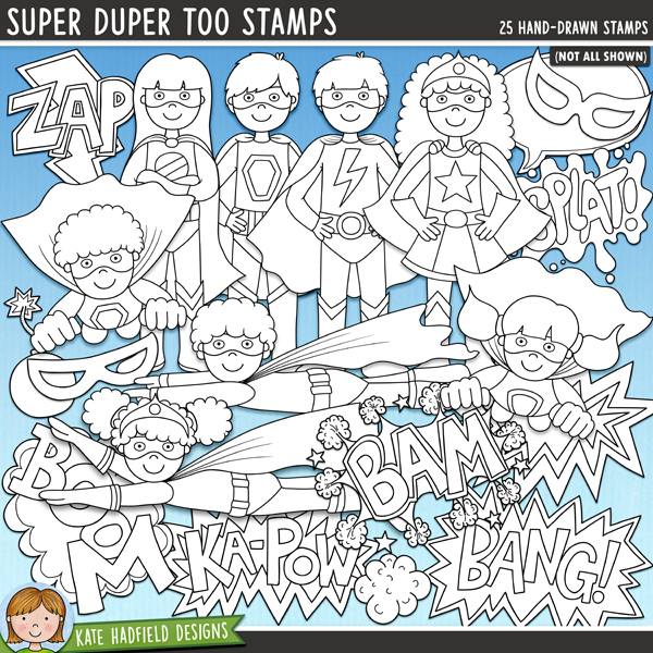 Super Duper Too Stamps - a  collection of super hero digital stamps! (Line art versions also included). Hand-drawn illustrations for digital scrapbooking, crafting, card making and teaching resources from Kate Hadfield Designs.