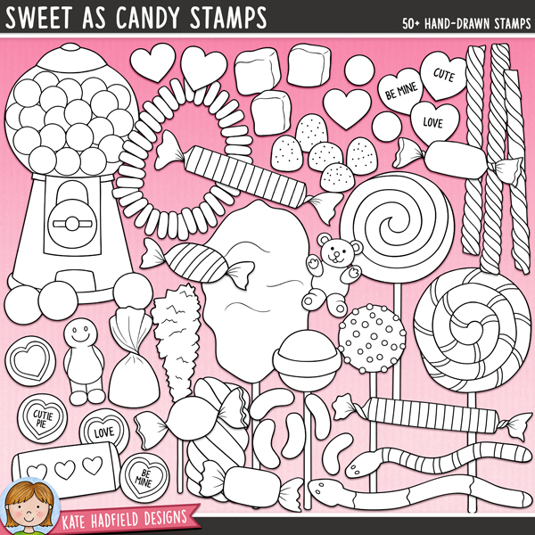 Sweet As Candy - confectionery and sweets digital stamps, perfect for Valentine's Day! Hand-drawn illustrations for digital scrapbooking, crafting and teaching resources from Kate Hadfield Designs. 